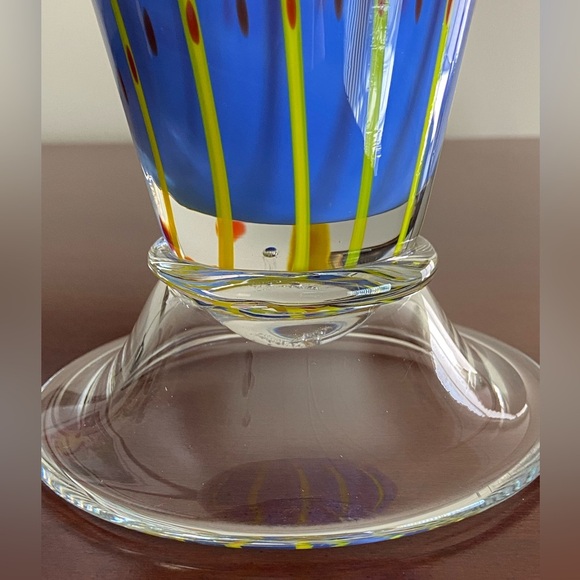 Gorgeous Cased Blue Vase w/ Yellow Pin Stripes Red Hand Blown Pontil Art Glass - Picture 3 of 12